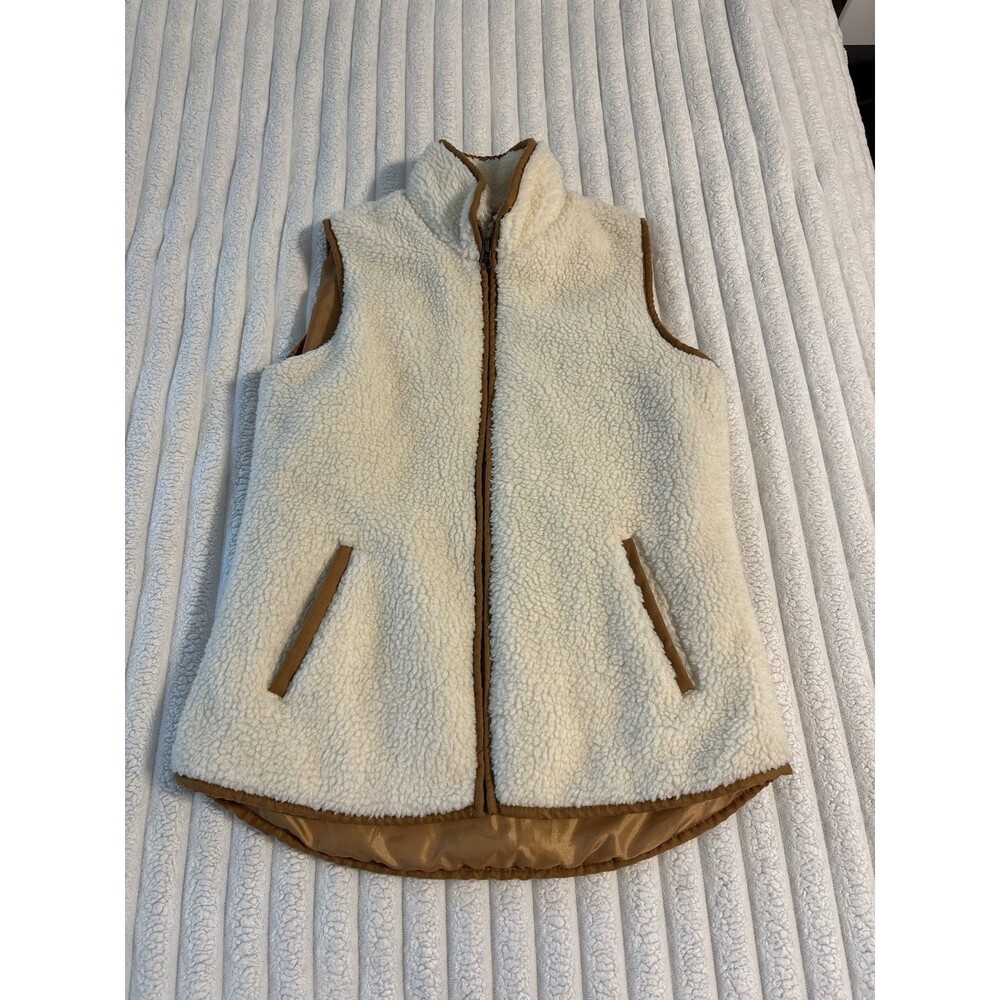 Old Navy Full Zip Sherpa Vest Womens XS Cream Caramel Brown Pockets Fall Bike